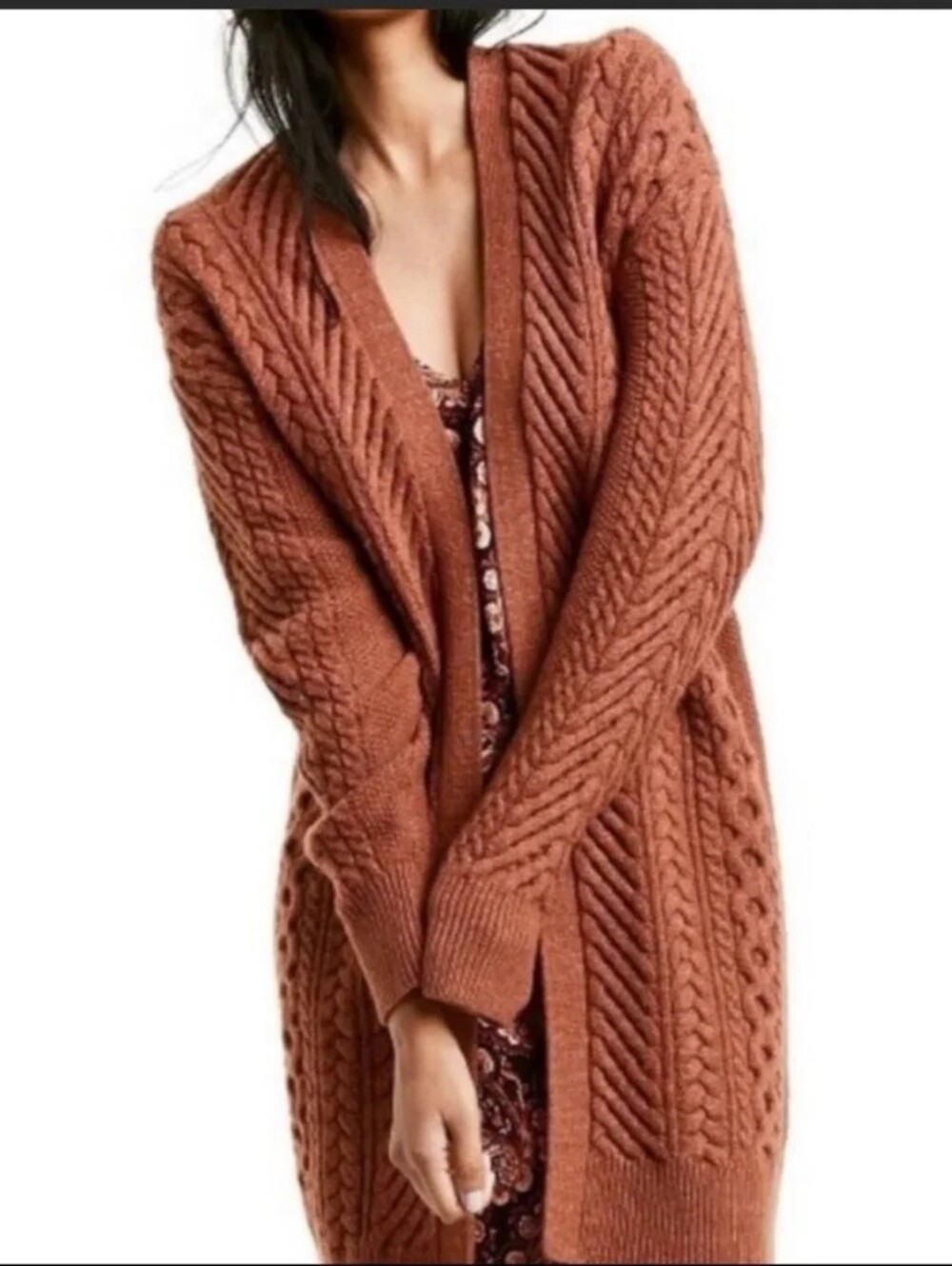 NILI LOTAN Rust Long Chunky Wool Blend Open Cable Knit Cardigan Target Collab